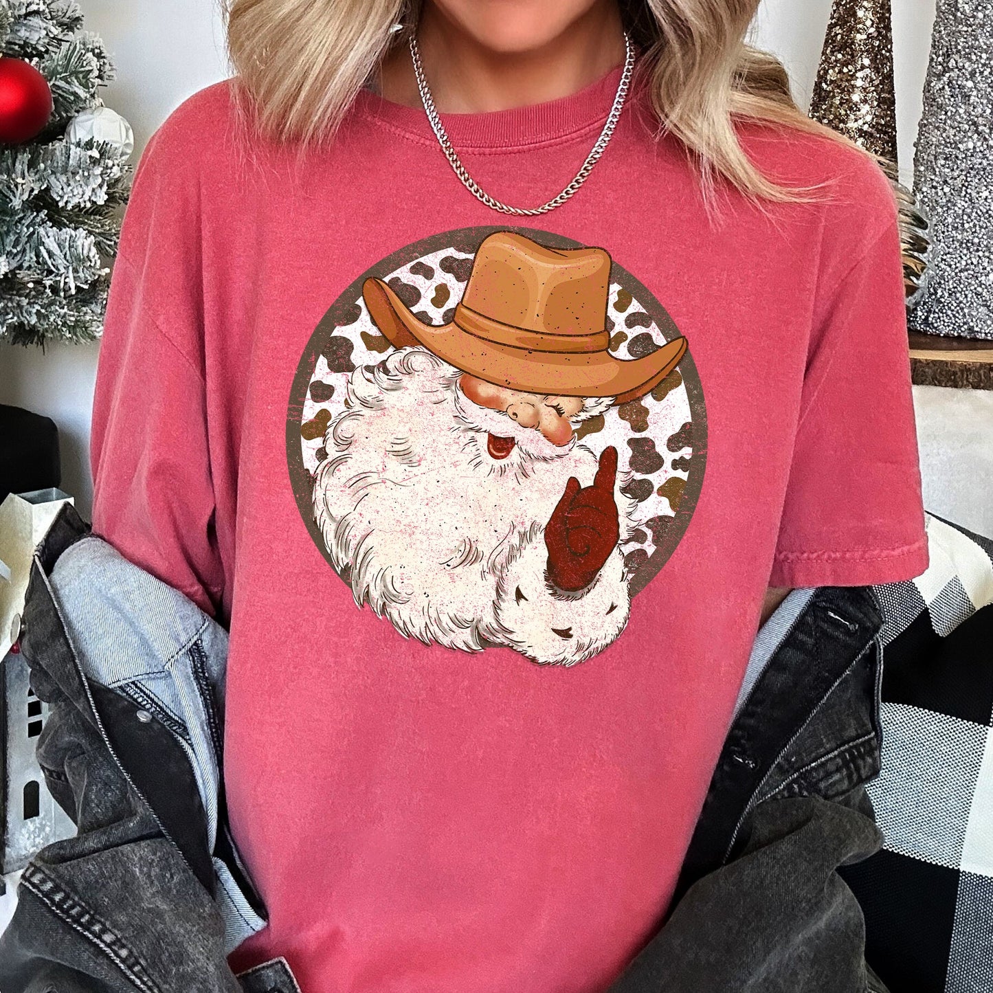 Western Cowboy Santa, Hat, Cow Print, Christmas, Retro, Comfort Colors Tshirt