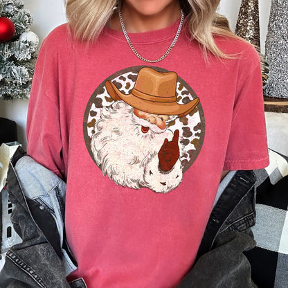 Western Cowboy Santa, Hat, Cow Print, Christmas, Retro, Comfort Colors Tshirt