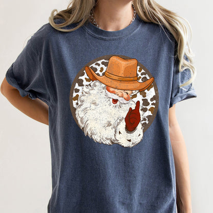 Western Cowboy Santa, Hat, Cow Print, Christmas, Retro, Comfort Colors Tshirt