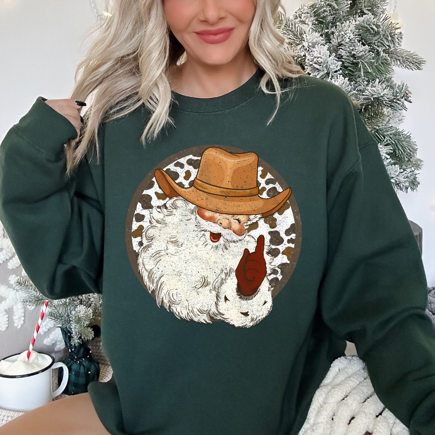Western Cowboy Santa, Hat, Cow Print, Christmas, Retro Sweatshirt