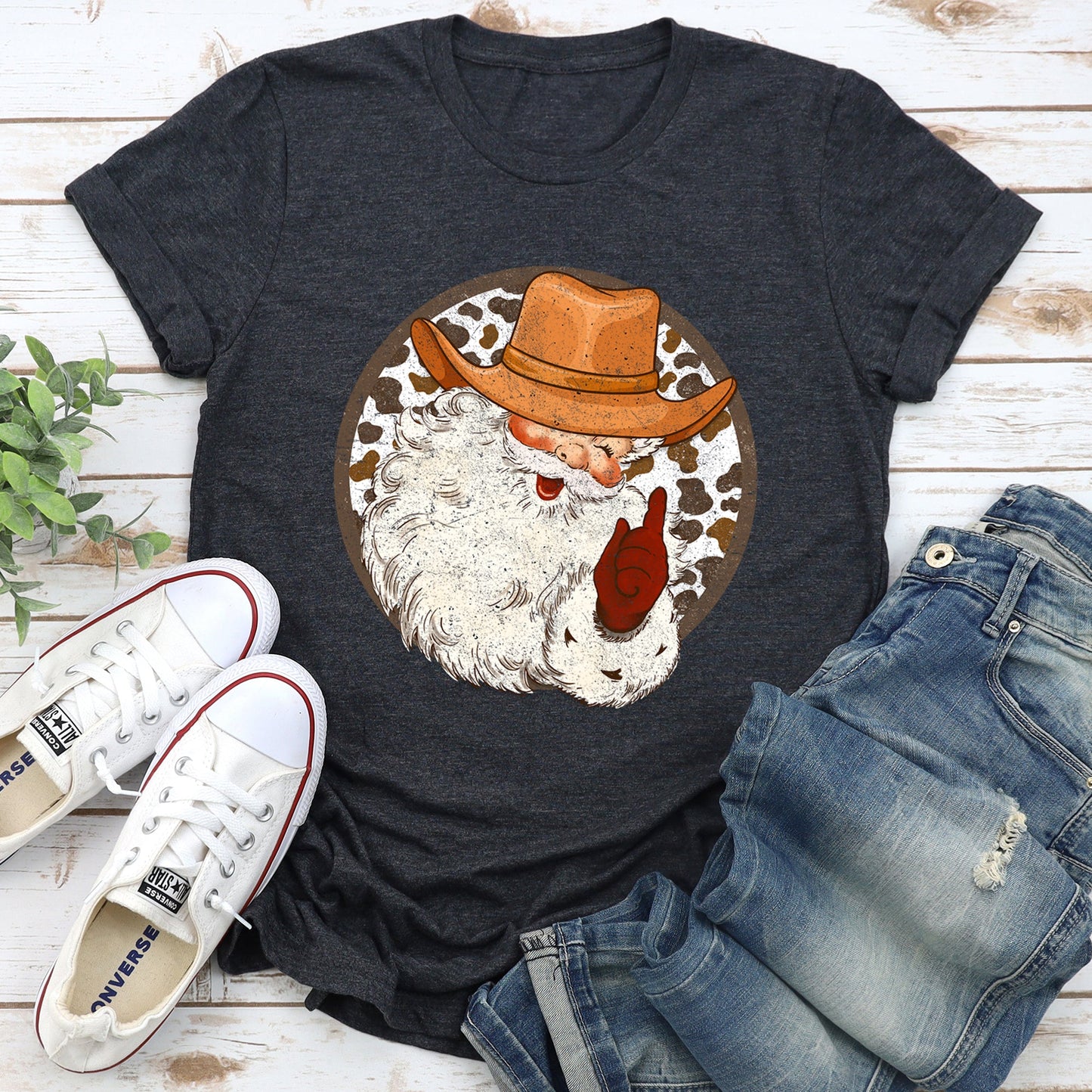 Western Cowboy Santa, Hat, Cow Print, Christmas, Retro Super Soft Tees
