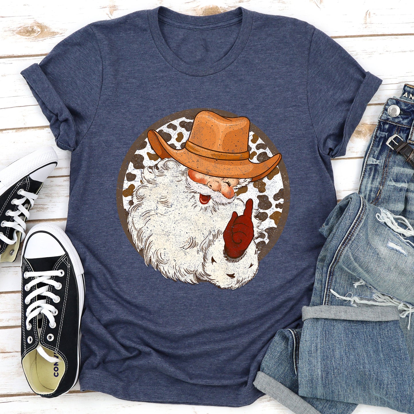Western Cowboy Santa, Hat, Cow Print, Christmas, Retro Super Soft Tees