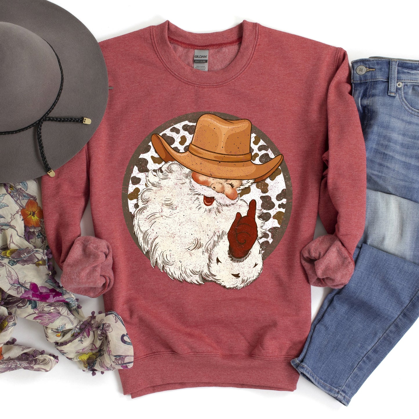 Western Cowboy Santa, Hat, Cow Print, Christmas, Retro Sweatshirt