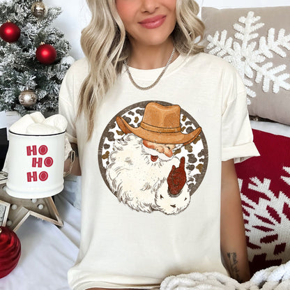 Western Cowboy Santa, Hat, Cow Print, Christmas, Retro, Comfort Colors Tshirt