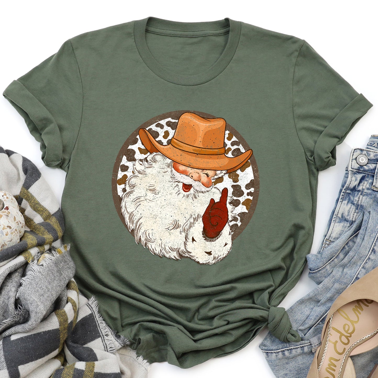 Western Cowboy Santa, Hat, Cow Print, Christmas, Retro Super Soft Tees