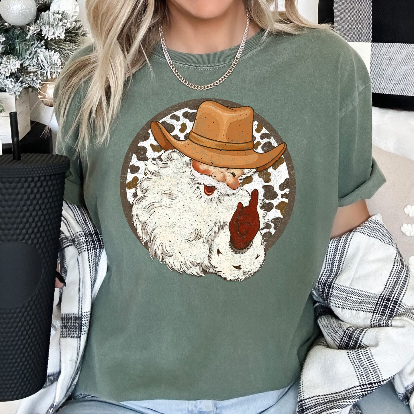 Western Cowboy Santa, Hat, Cow Print, Christmas, Retro, Comfort Colors Tshirt