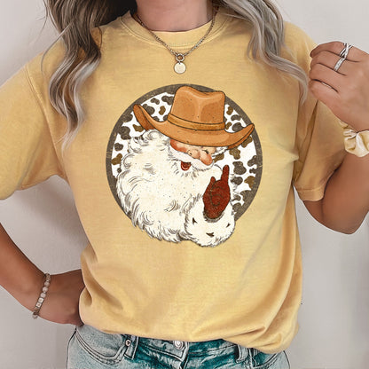 Western Cowboy Santa, Hat, Cow Print, Christmas, Retro, Comfort Colors Tshirt