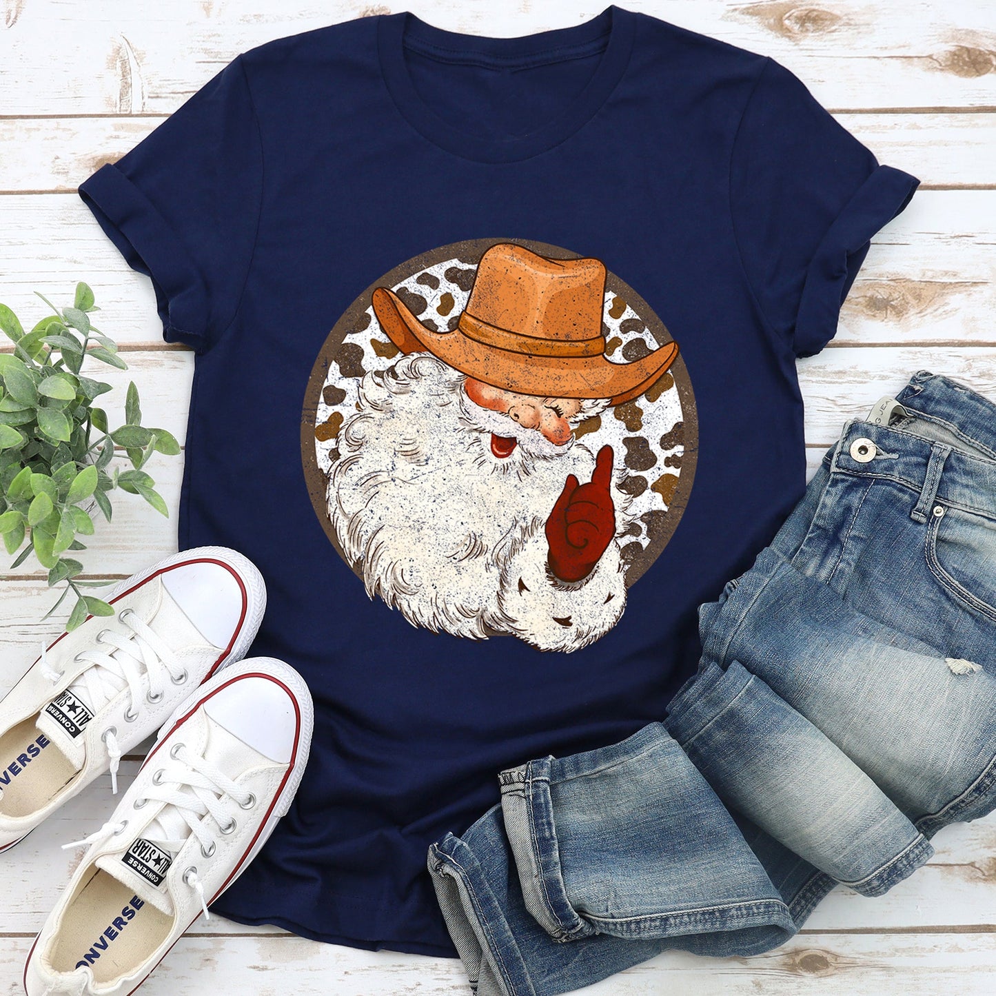 Western Cowboy Santa, Hat, Cow Print, Christmas, Retro Super Soft Tees