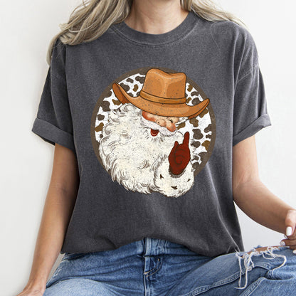 Western Cowboy Santa, Hat, Cow Print, Christmas, Retro, Comfort Colors Tshirt