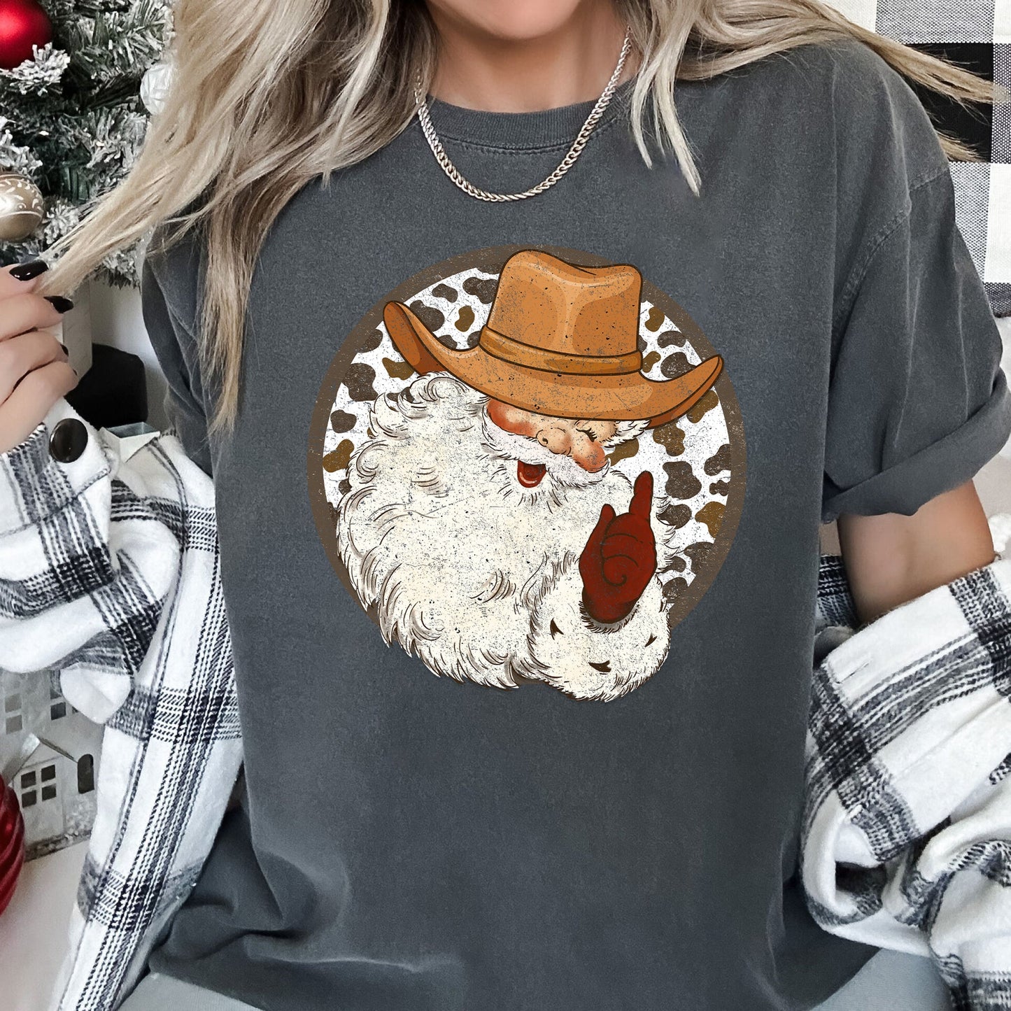Western Cowboy Santa, Hat, Cow Print, Christmas, Retro, Comfort Colors Tshirt