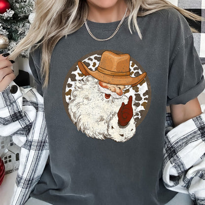 Western Cowboy Santa, Hat, Cow Print, Christmas, Retro, Comfort Colors Tshirt