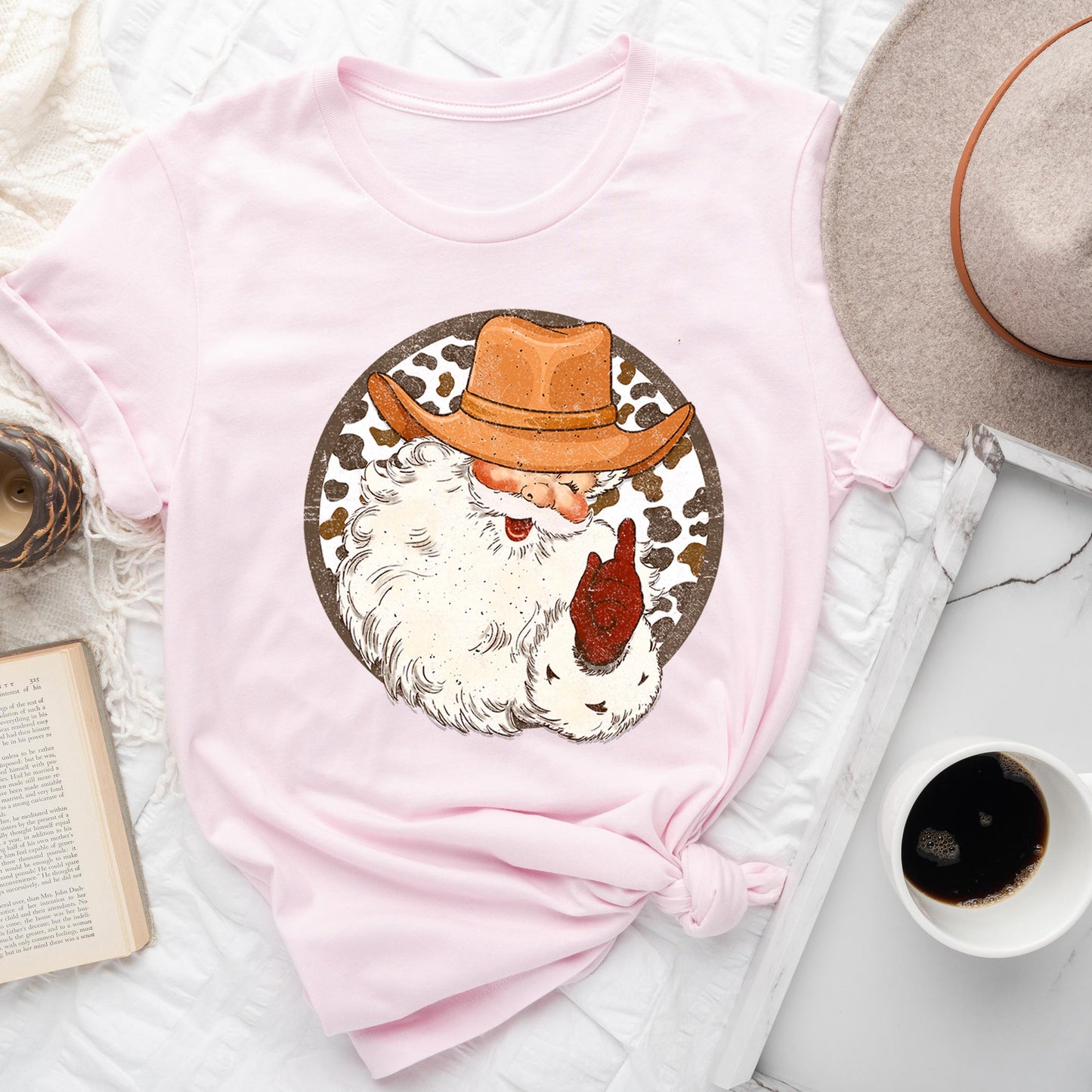 Western Cowboy Santa, Hat, Cow Print, Christmas, Retro Super Soft Tees