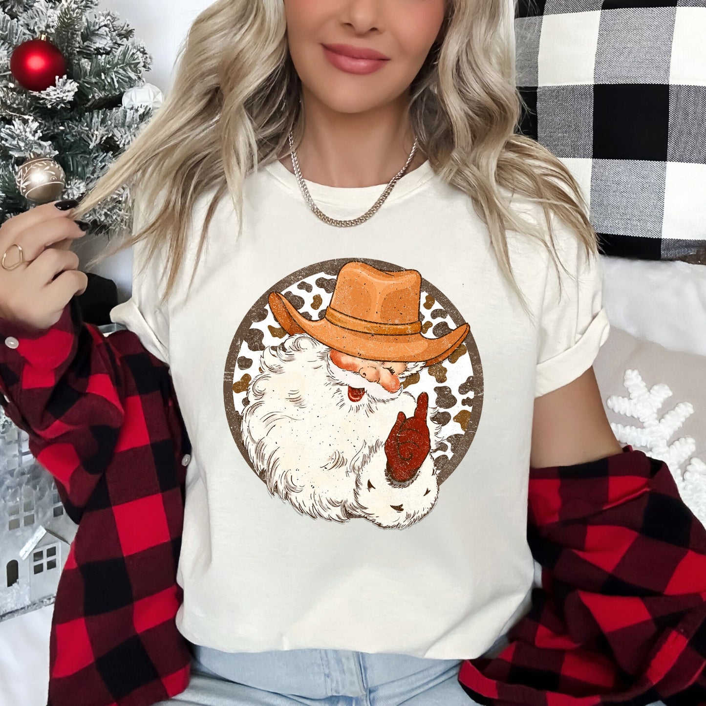 Western Cowboy Santa, Hat, Cow Print, Christmas, Retro Super Soft Tees