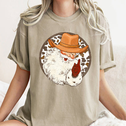 Western Cowboy Santa, Hat, Cow Print, Christmas, Retro, Comfort Colors Tshirt