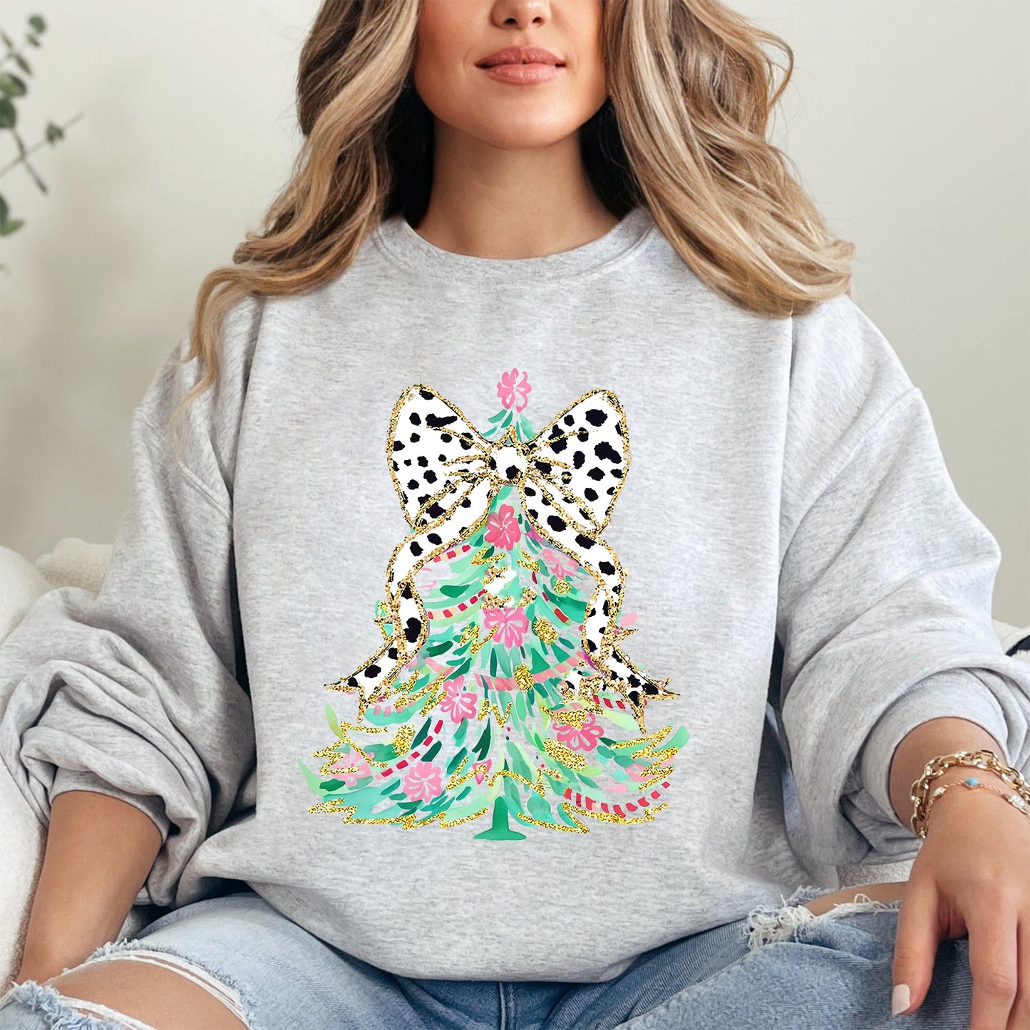 Whimsical Pastel Christmas Tree, Coquette, Ribbon, Bow, Dalmatian Print, Xmas Sweatshirt