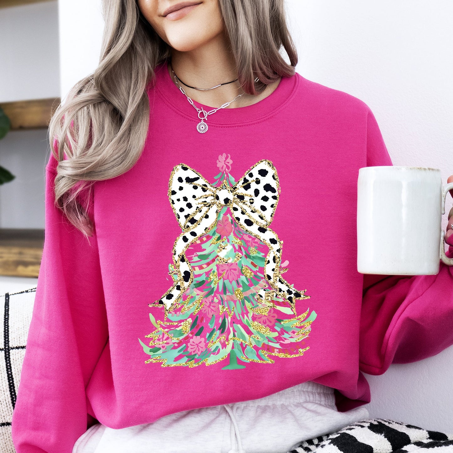 Whimsical Pastel Christmas Tree, Coquette, Ribbon, Bow, Dalmatian Print, Xmas Sweatshirt