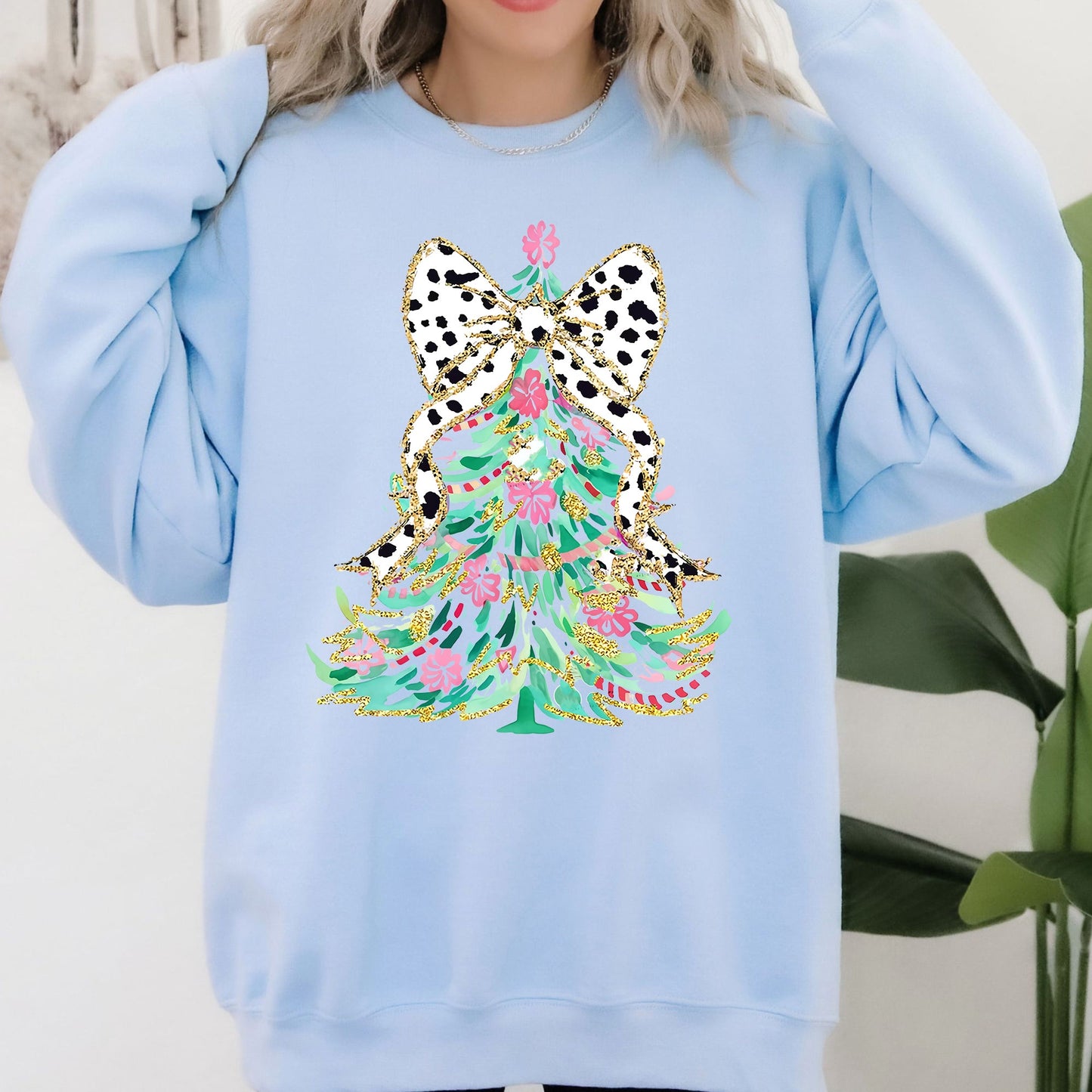 Whimsical Pastel Christmas Tree, Coquette, Ribbon, Bow, Dalmatian Print, Xmas Sweatshirt