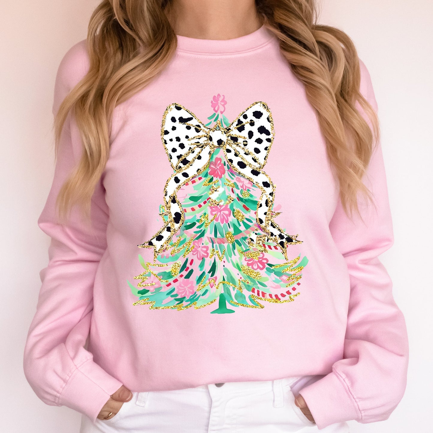 Whimsical Pastel Christmas Tree, Coquette, Ribbon, Bow, Dalmatian Print, Xmas Sweatshirt