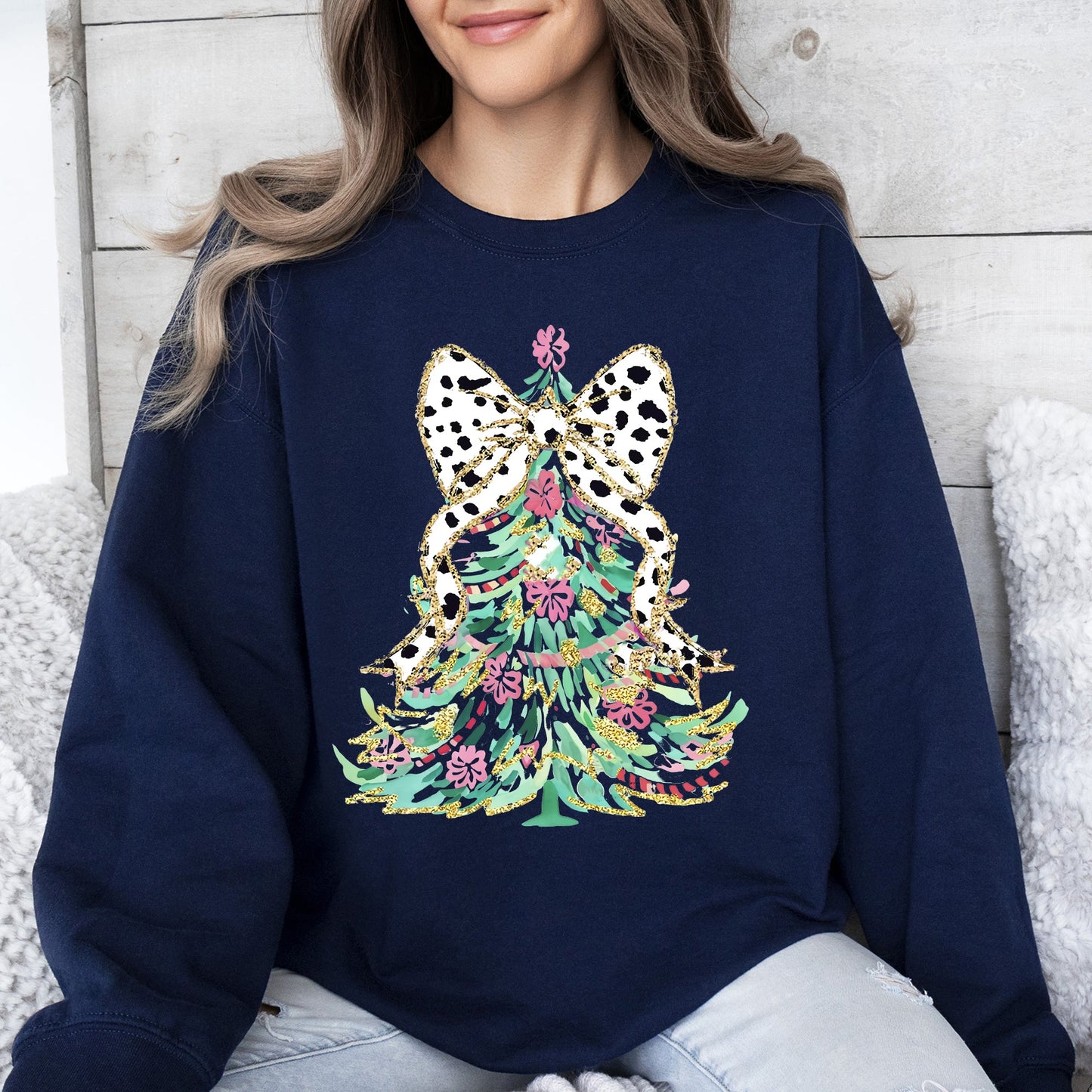 Whimsical Pastel Christmas Tree, Coquette, Ribbon, Bow, Dalmatian Print, Xmas Sweatshirt