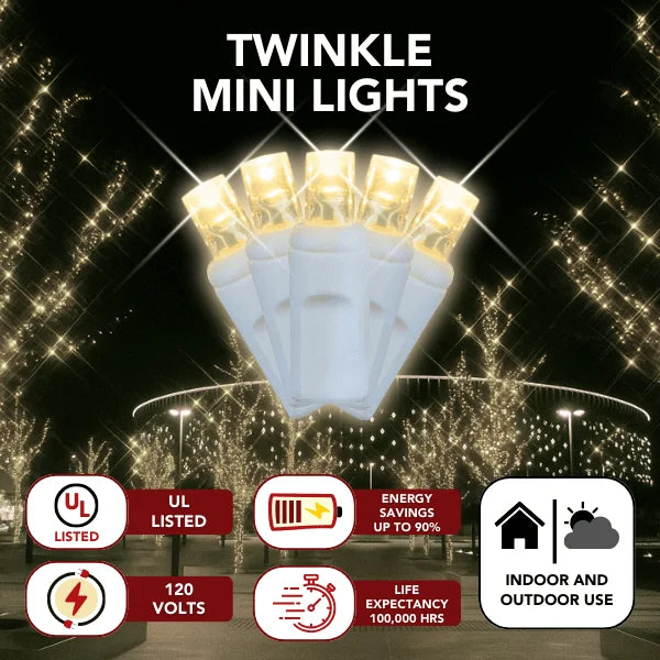 LED Mini Lights 5MM Warm White Twinkle 120v White Wire - 6" Spacing