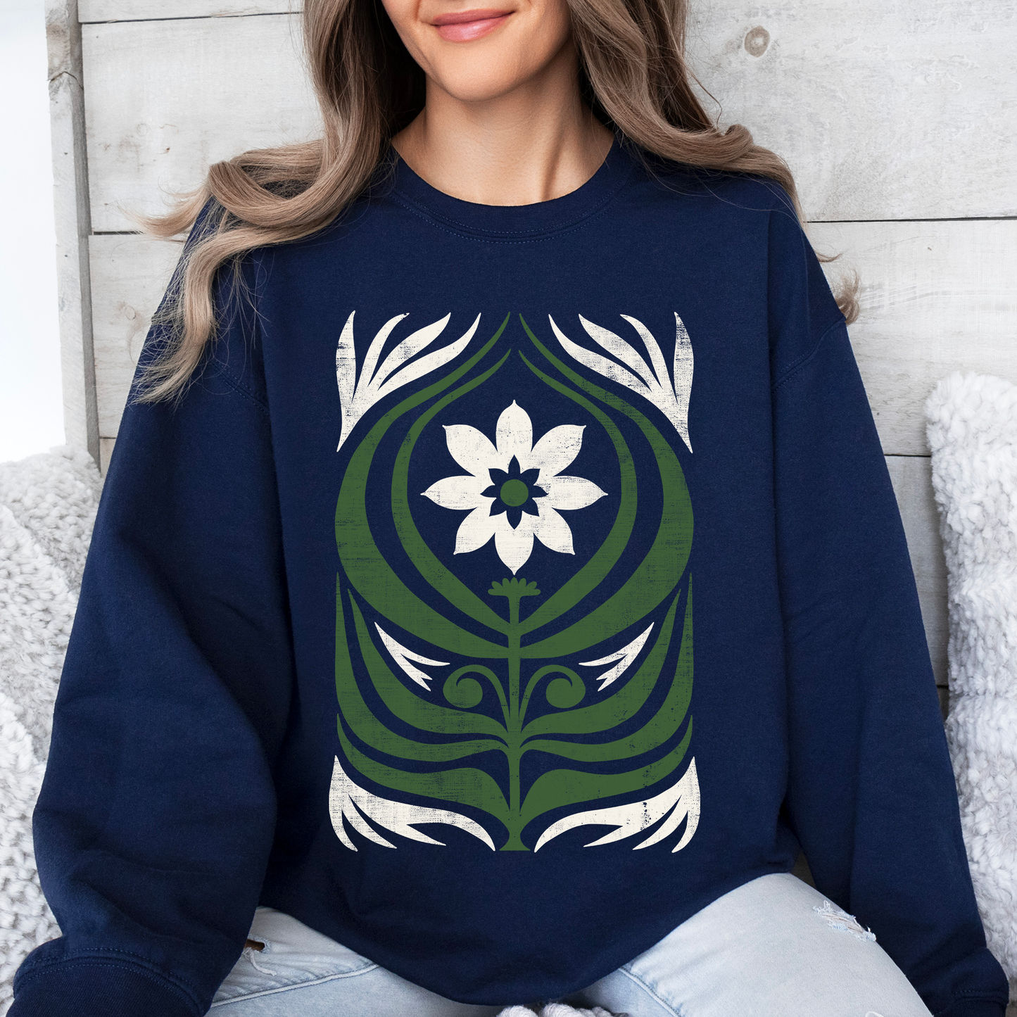 White Daisy Floral, Vintage Boho, Nature Sweatshirt