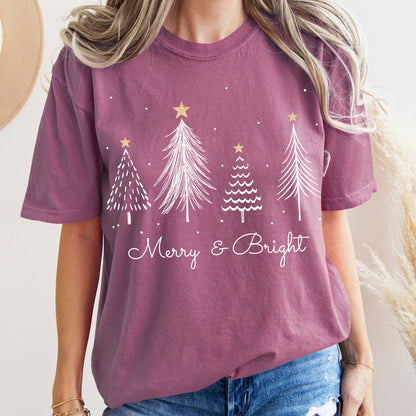 White Merry and Bright Christmas Trees, Gold Star, Comfort Colors Tshirt