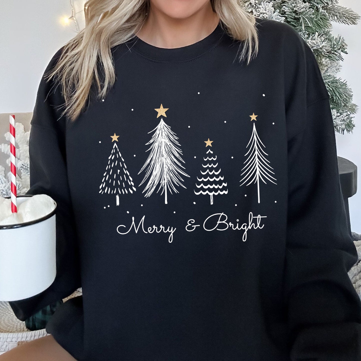 White Merry and Bright Christmas Trees Sweatshirt