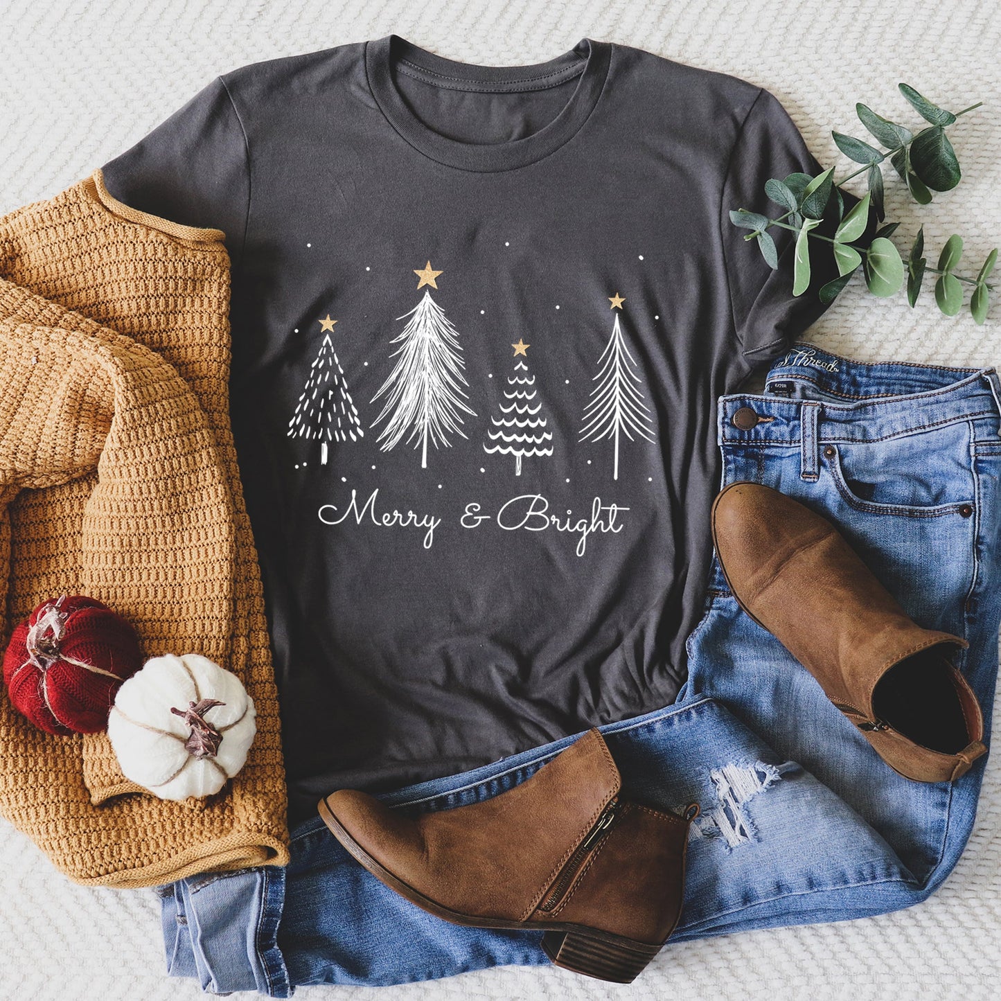 White Merry and Bright Christmas Trees, Gold Star Super Soft Tshirt