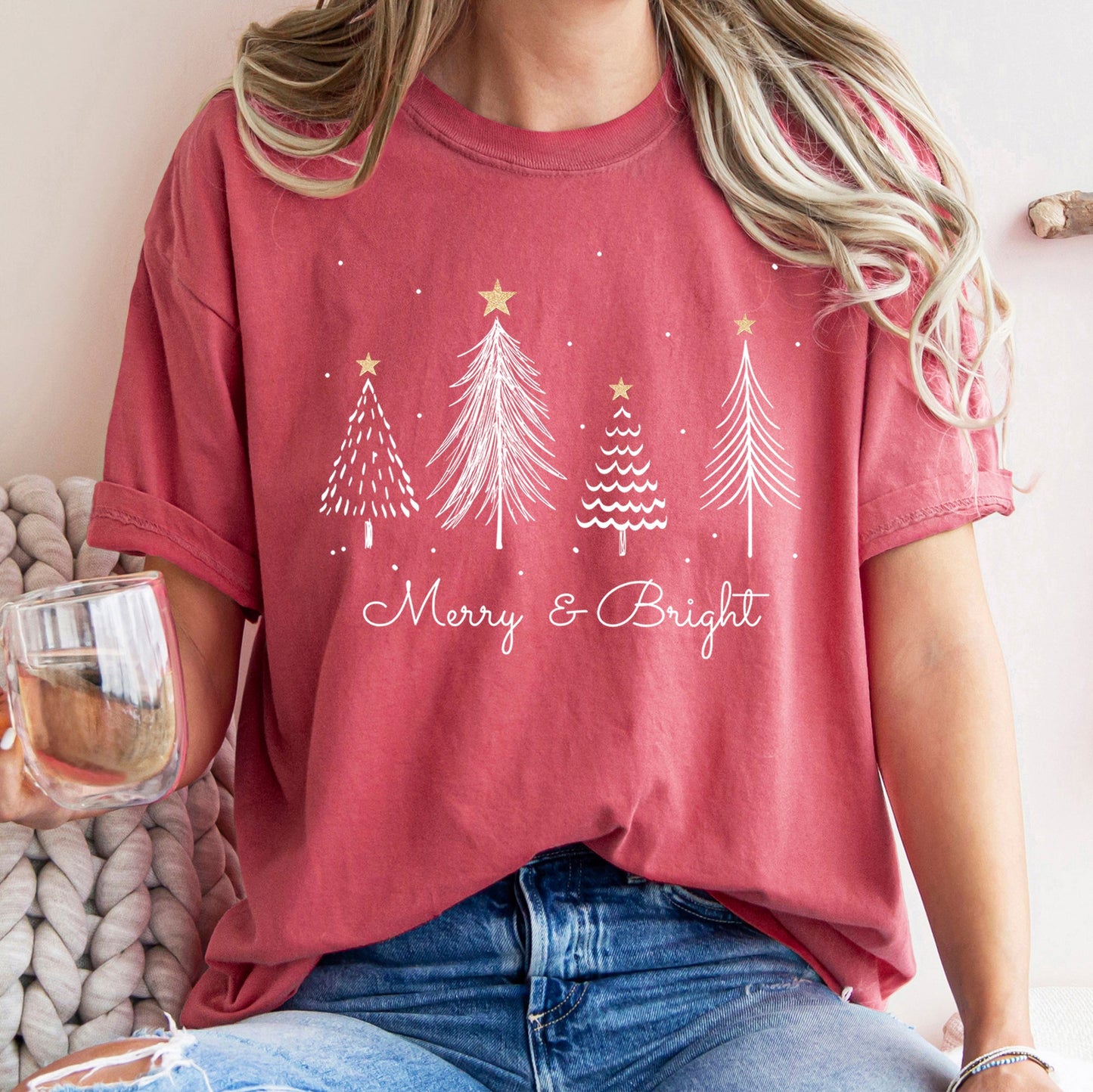 White Merry and Bright Christmas Trees, Gold Star, Comfort Colors Tshirt