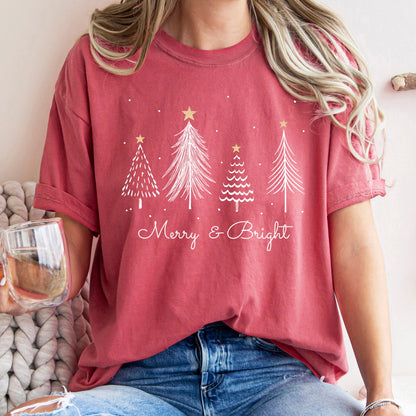White Merry and Bright Christmas Trees, Gold Star, Comfort Colors Tshirt