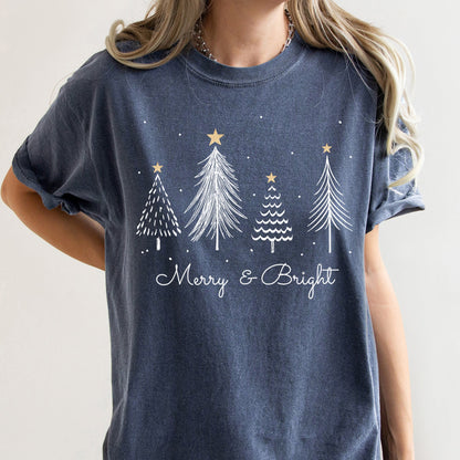 White Merry and Bright Christmas Trees, Gold Star, Comfort Colors Tshirt
