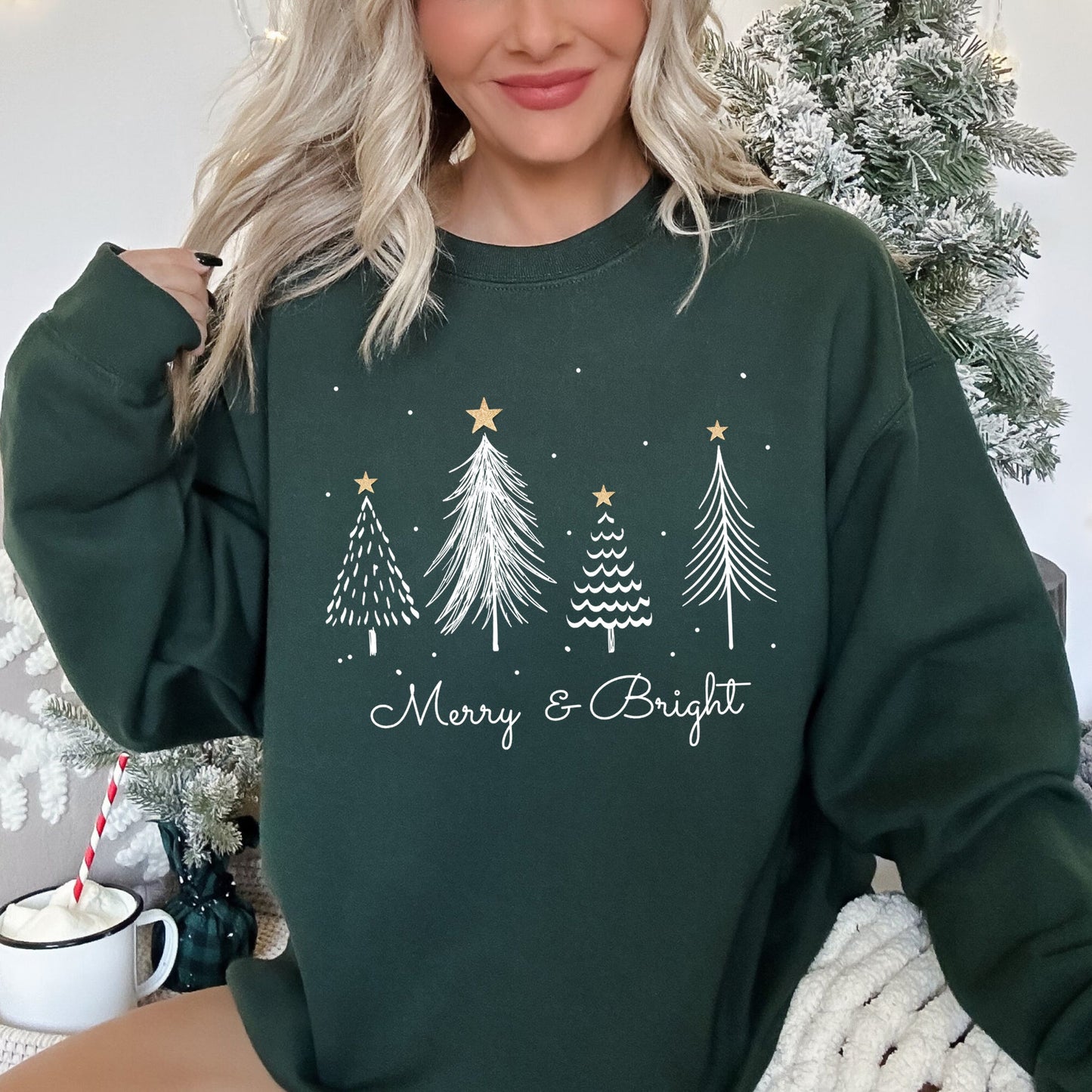 White Merry and Bright Christmas Trees Sweatshirt