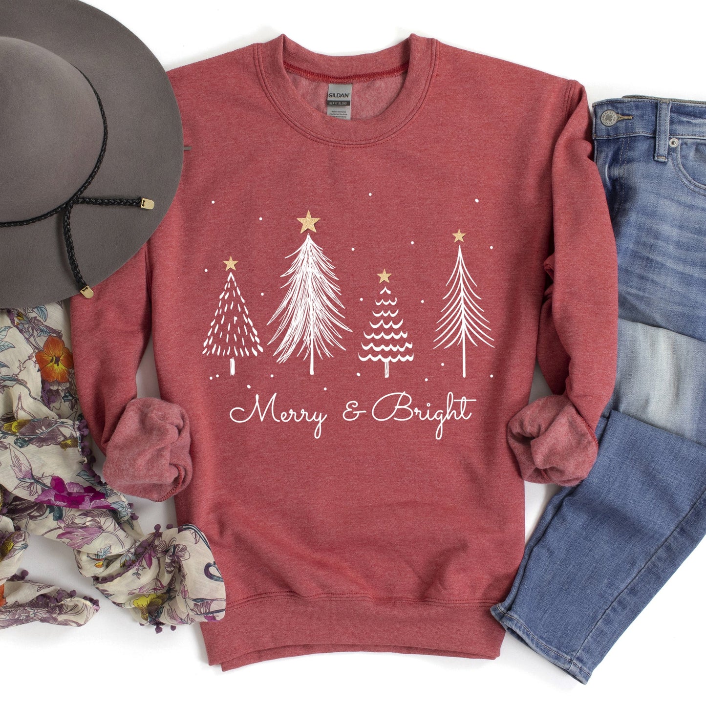 White Merry and Bright Christmas Trees Sweatshirt