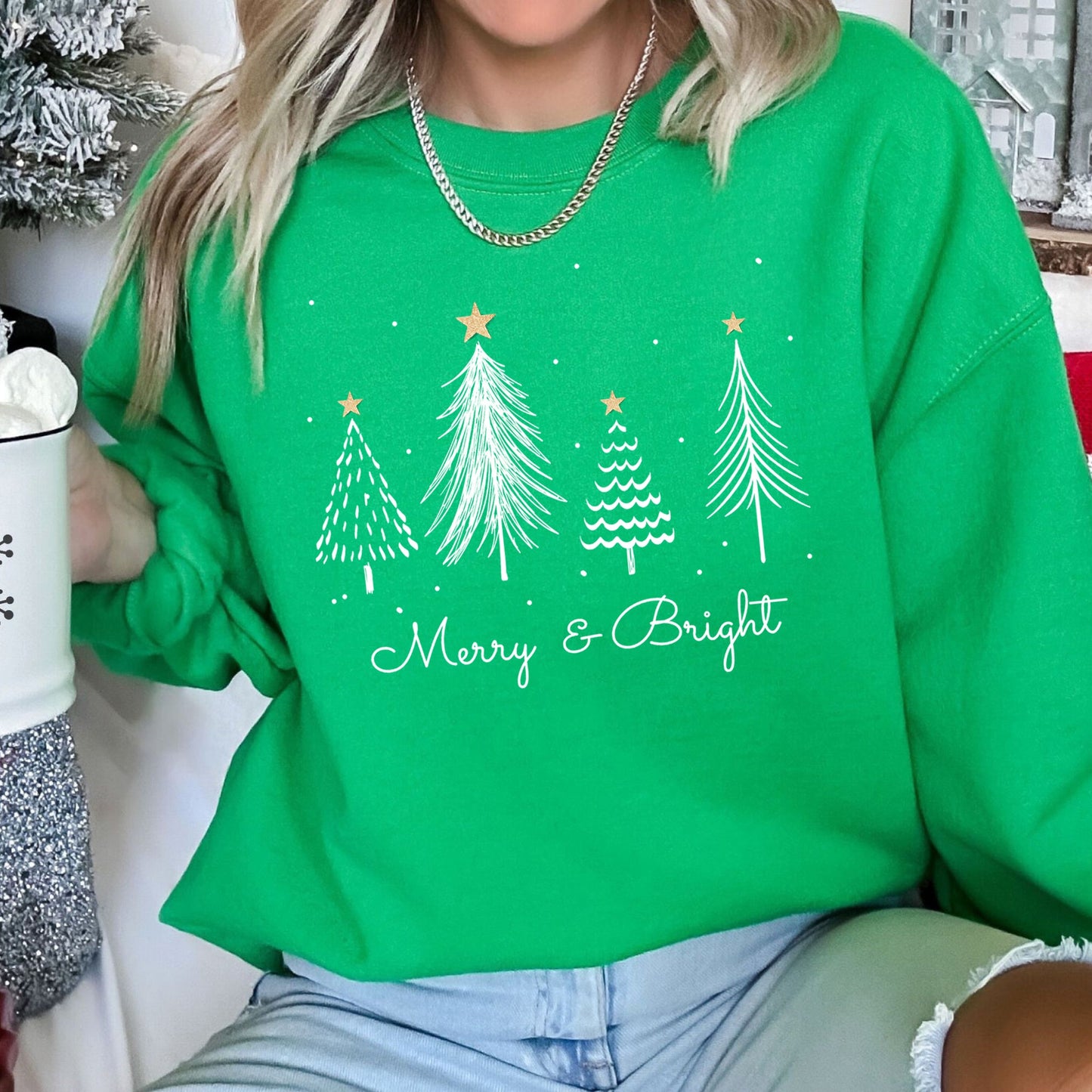 White Merry and Bright Christmas Trees Sweatshirt