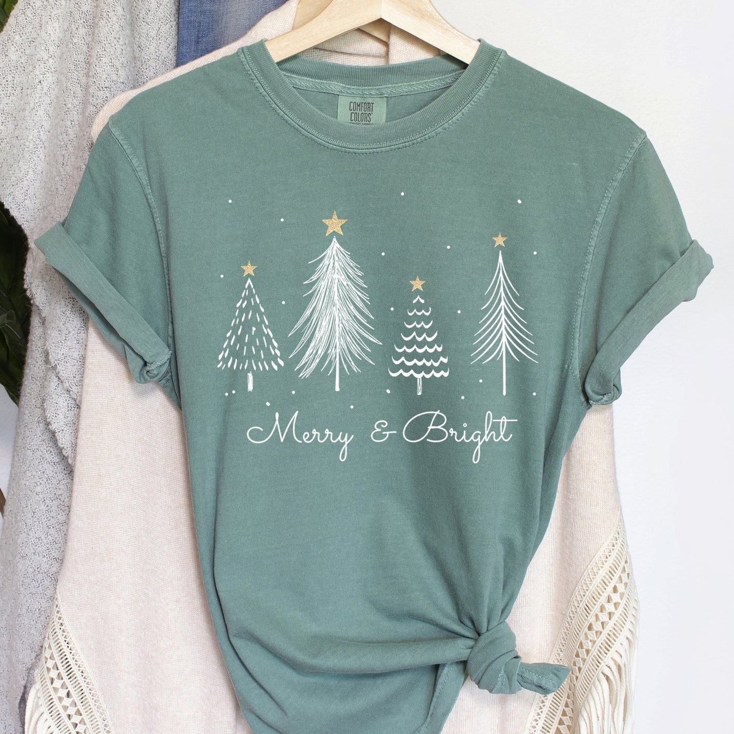 White Merry and Bright Christmas Trees, Gold Star, Comfort Colors Tshirt
