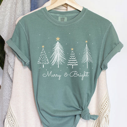 White Merry and Bright Christmas Trees, Gold Star, Comfort Colors Tshirt