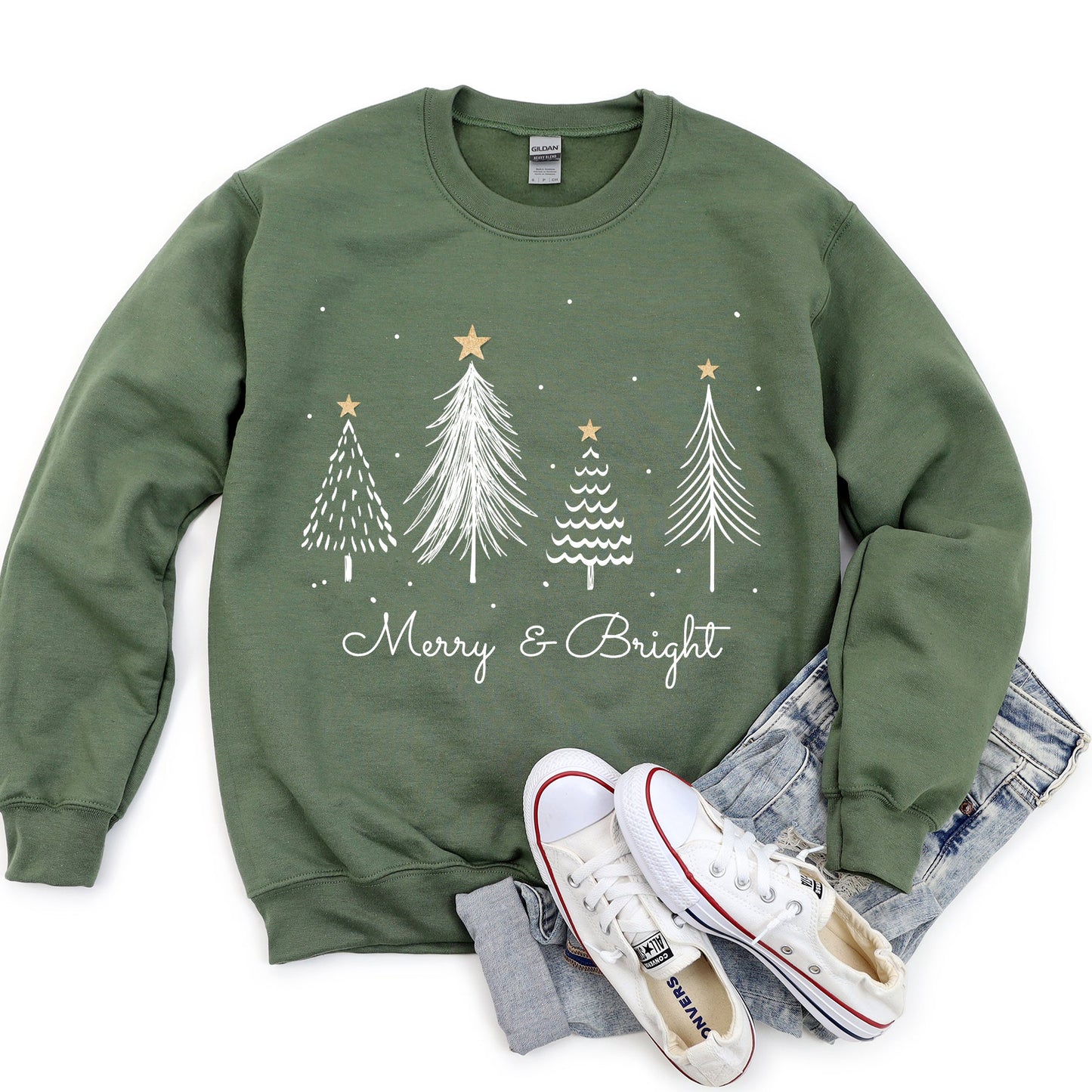 White Merry and Bright Christmas Trees Sweatshirt