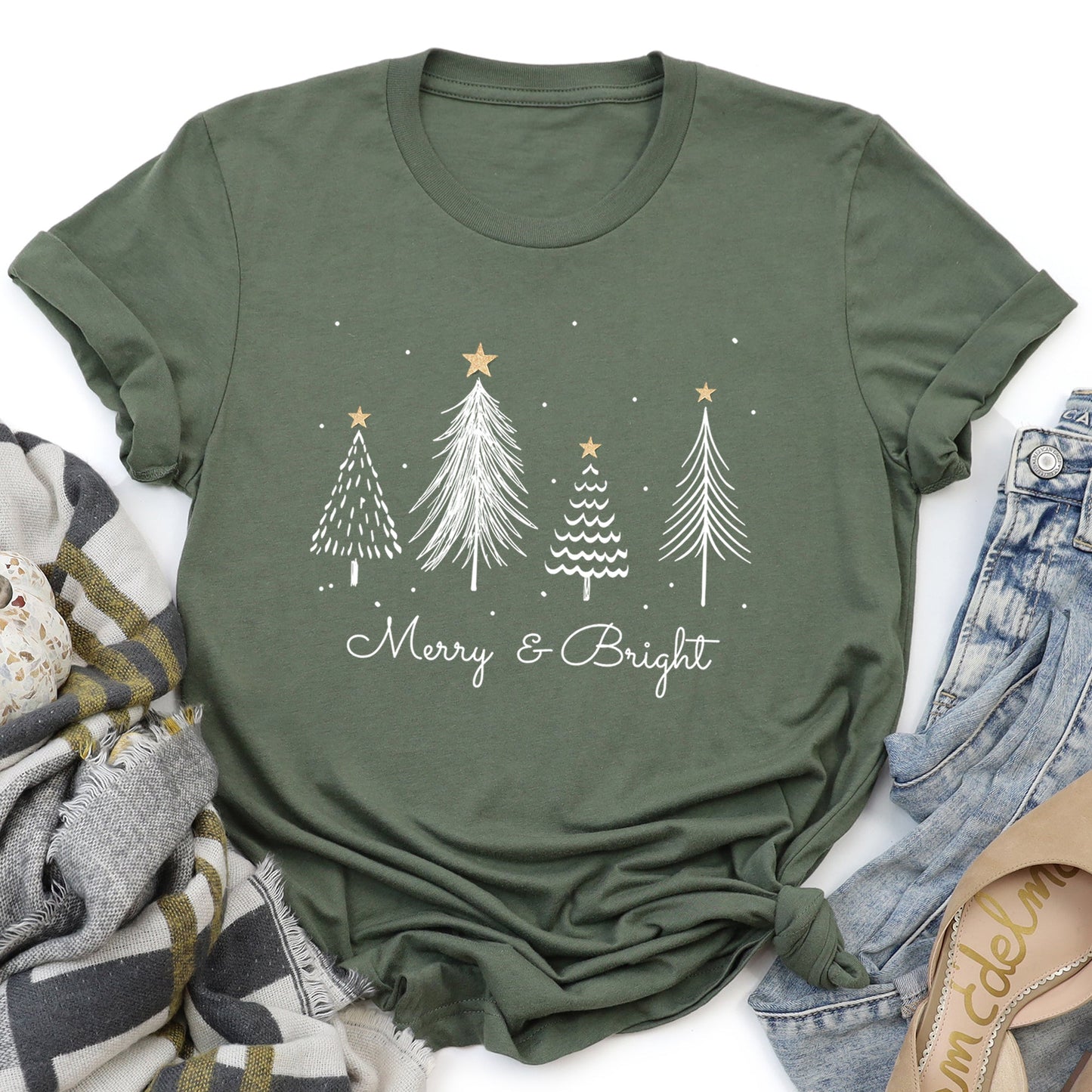 White Merry and Bright Christmas Trees, Gold Star Super Soft Tshirt