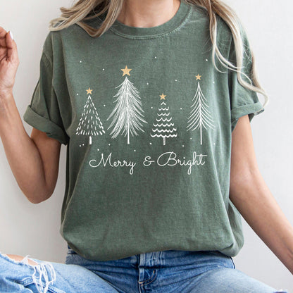 White Merry and Bright Christmas Trees, Gold Star, Comfort Colors Tshirt