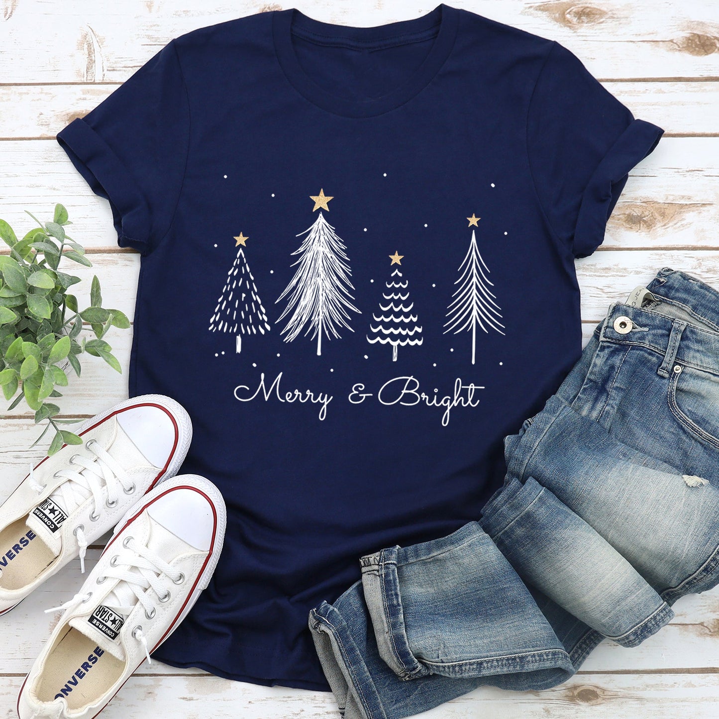 White Merry and Bright Christmas Trees, Gold Star Super Soft Tshirt