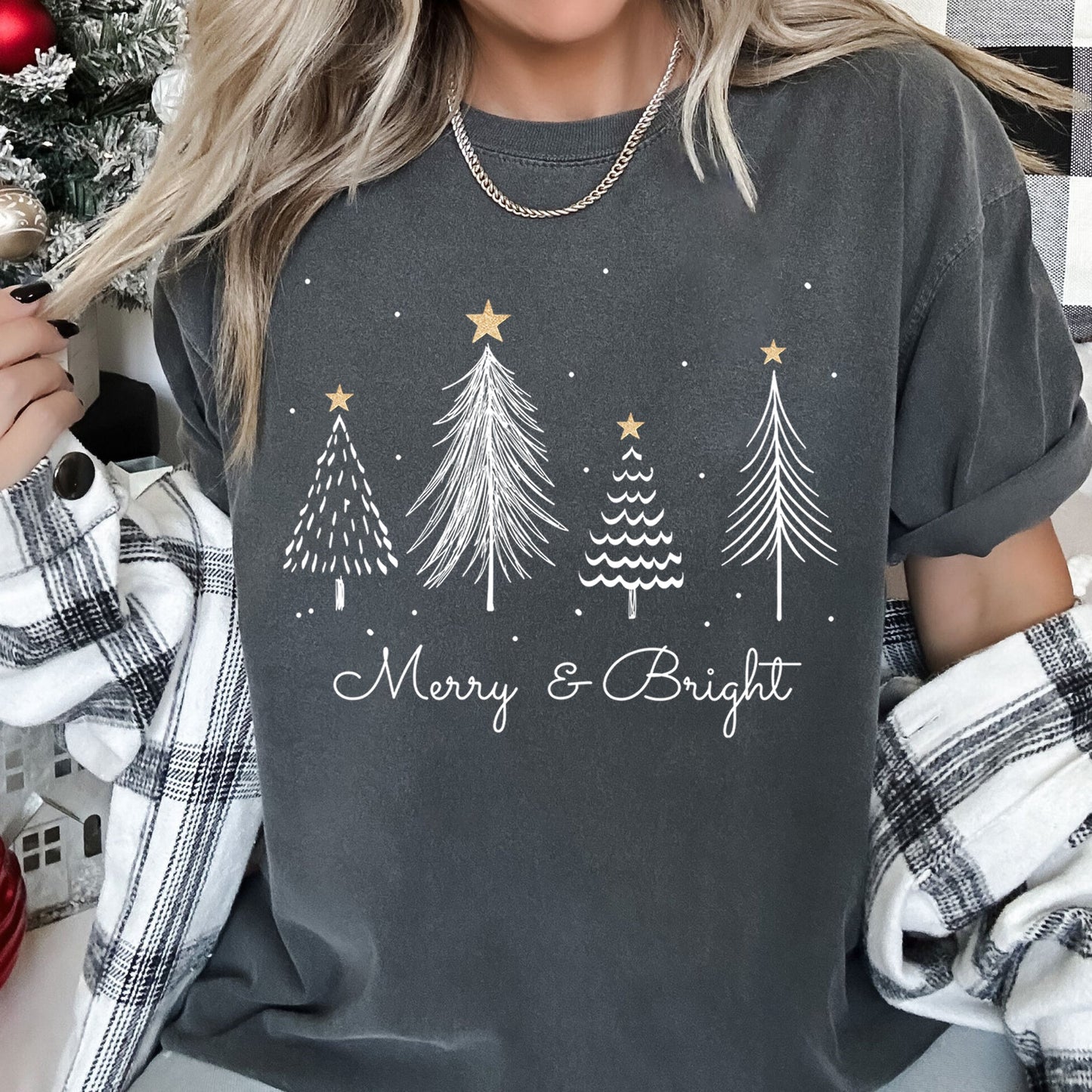 White Merry and Bright Christmas Trees, Gold Star, Comfort Colors Tshirt