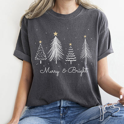White Merry and Bright Christmas Trees, Gold Star, Comfort Colors Tshirt