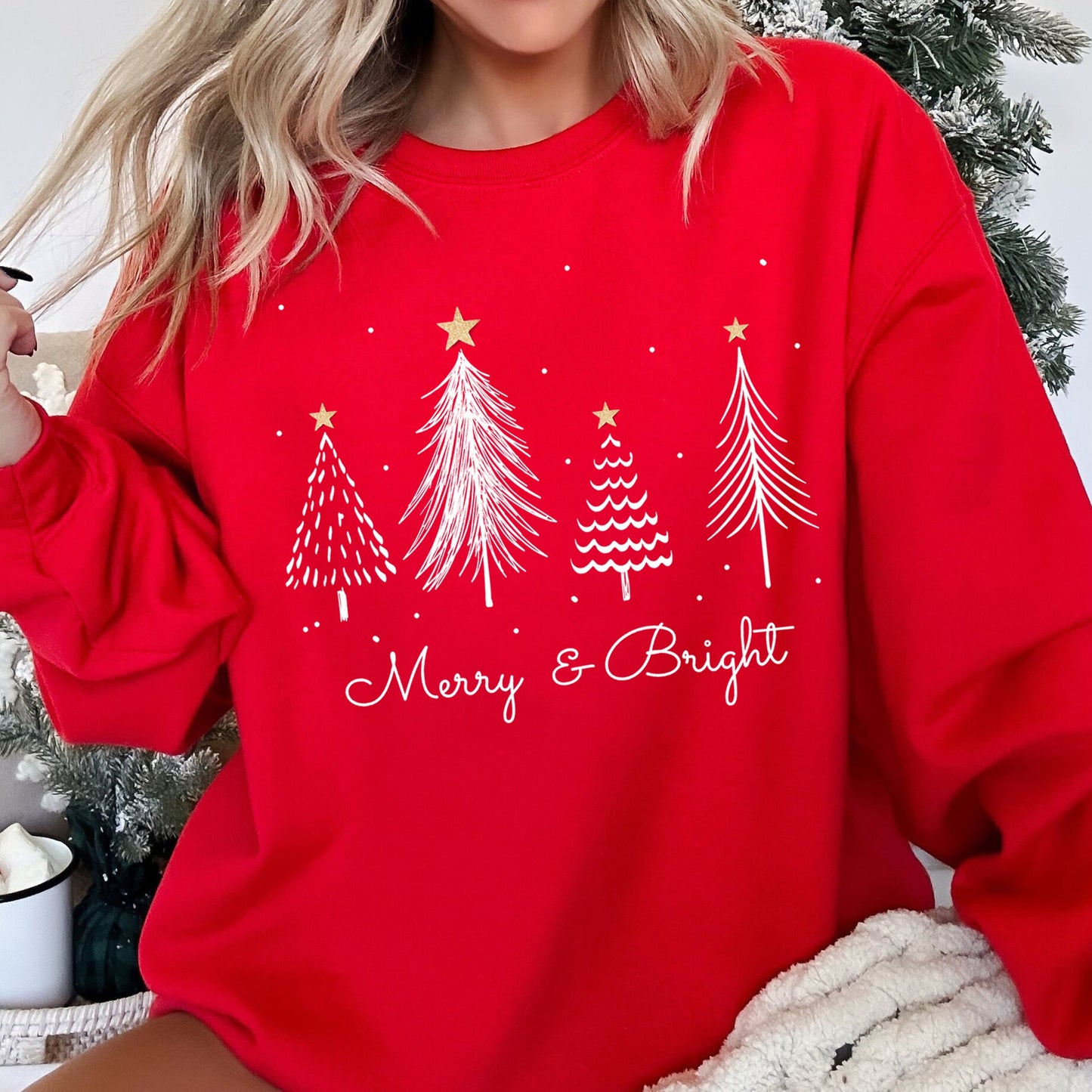 White Merry and Bright Christmas Trees Sweatshirt