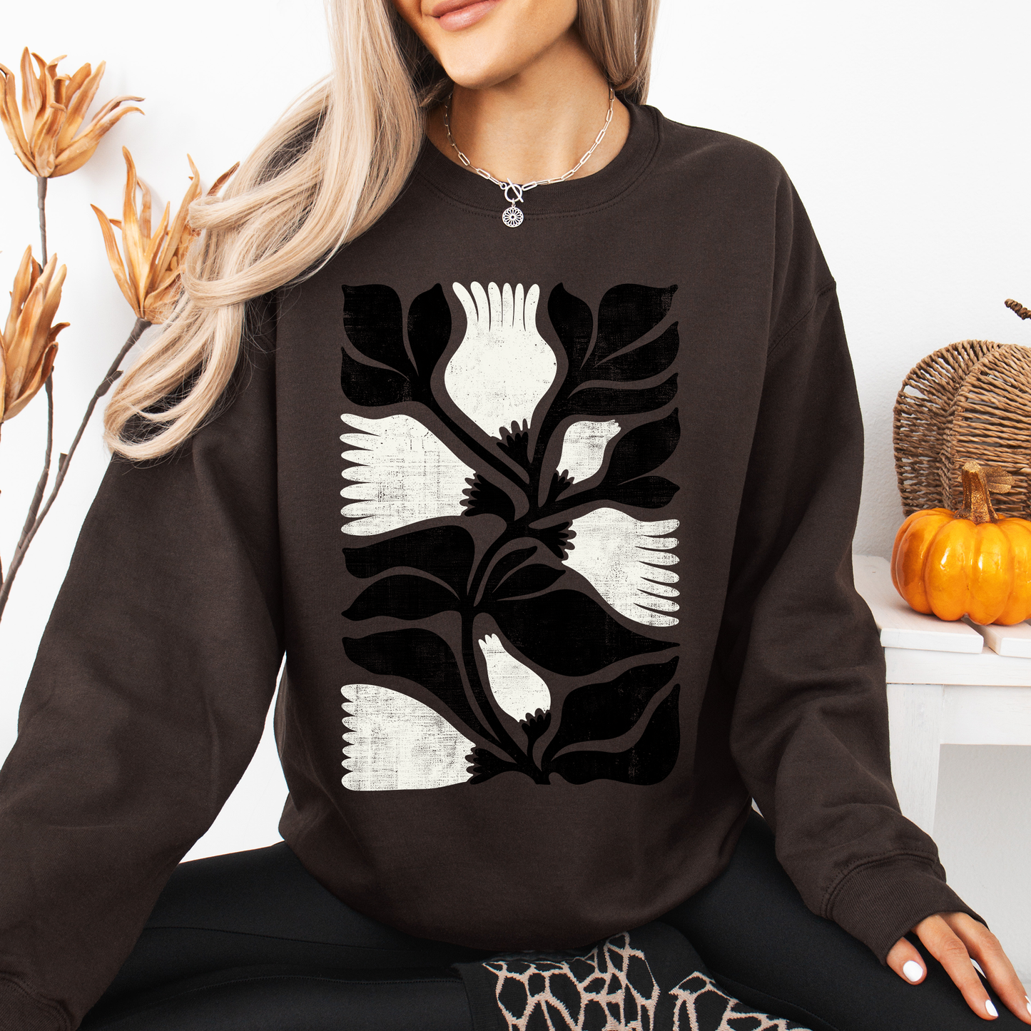 White Petal Flower and Black Leaf, Vintage Boho, Nature Sweatshirt