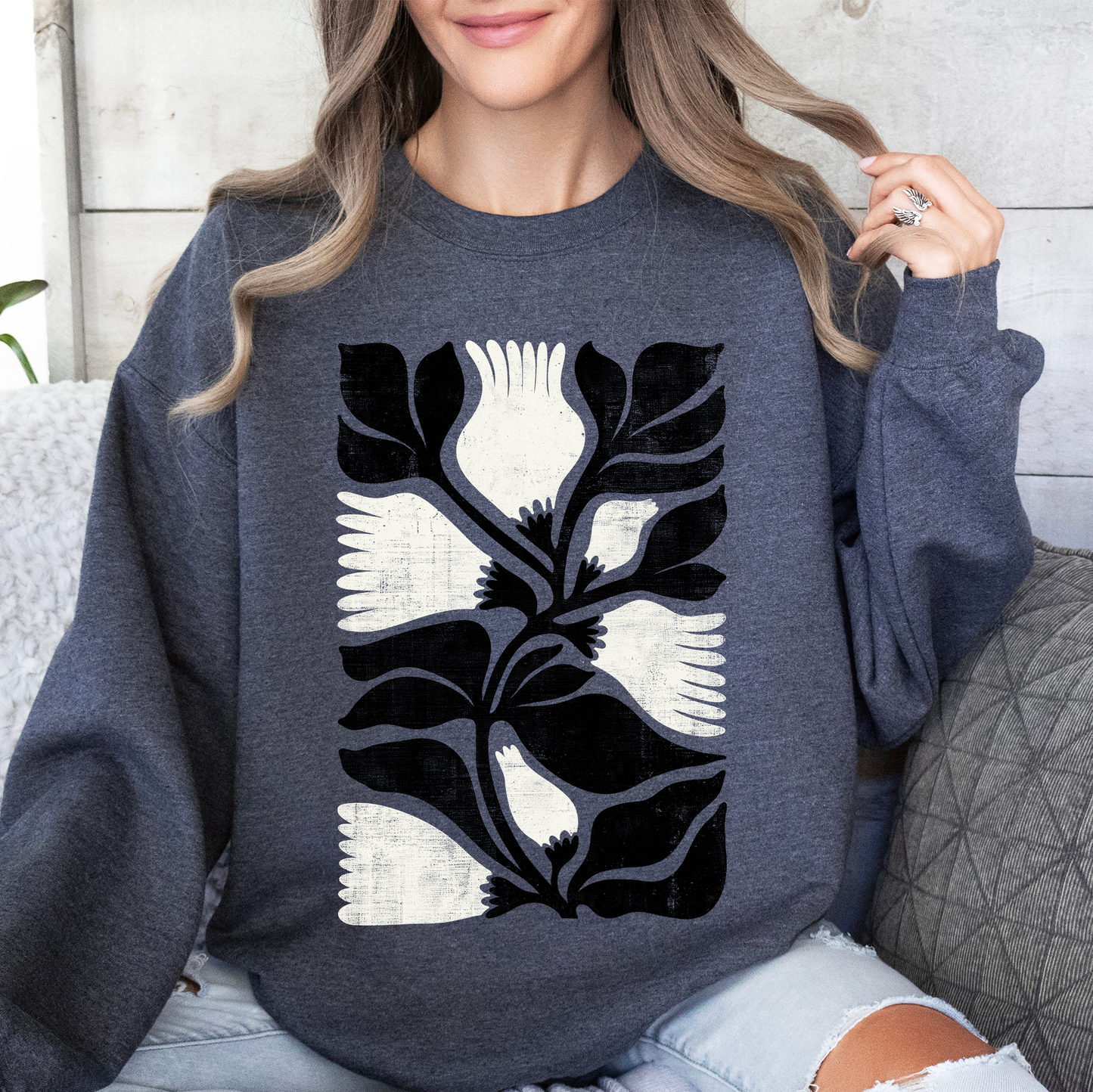 White Petal Flower and Black Leaf, Vintage Boho, Nature Sweatshirt