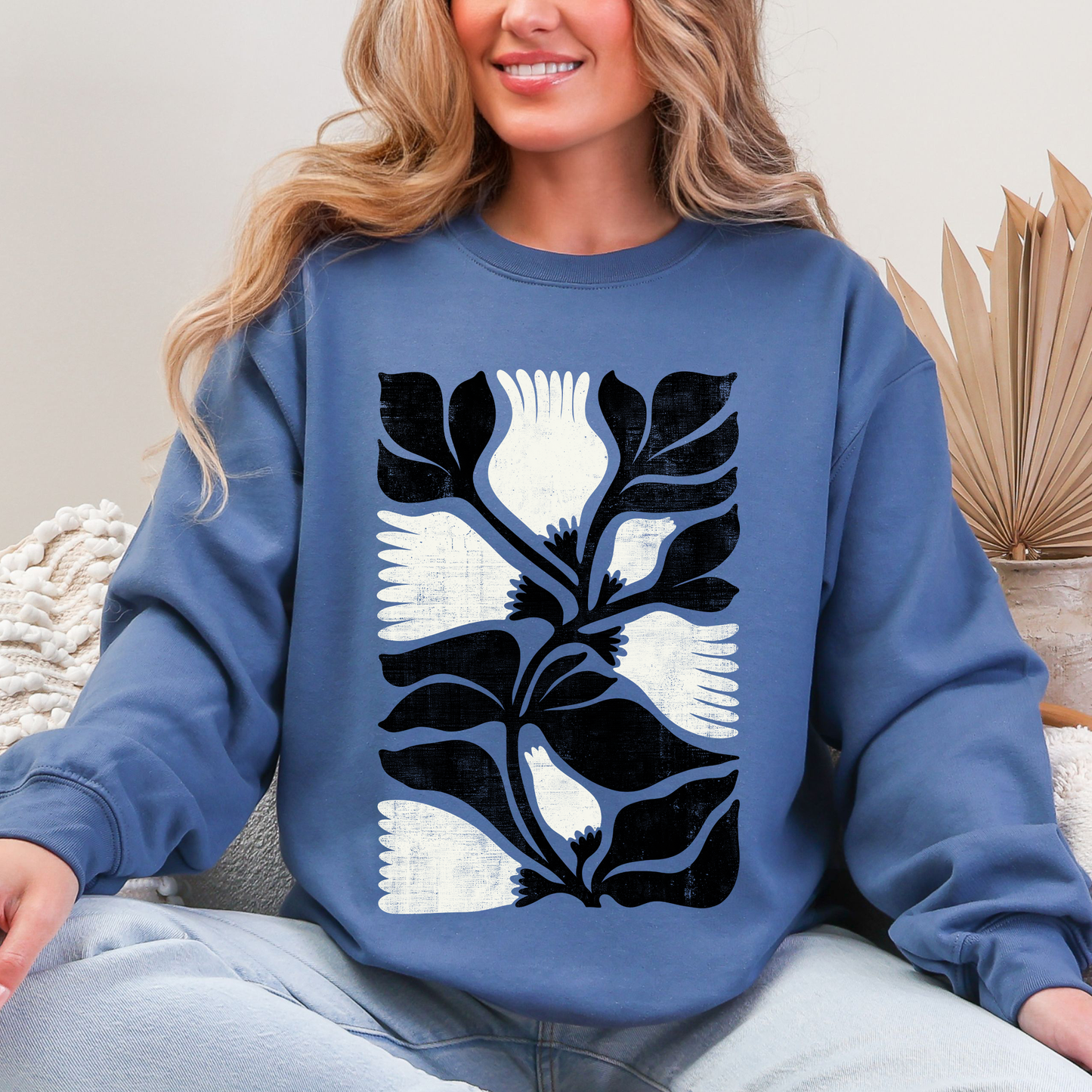 White Petal Flower and Black Leaf, Vintage Boho, Nature Sweatshirt