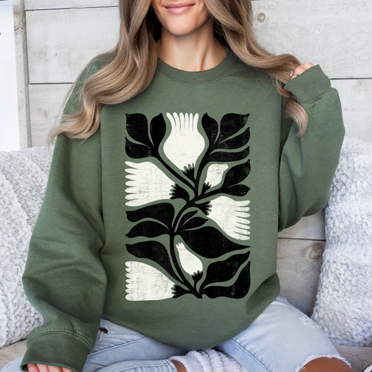 White Petal Flower and Black Leaf, Vintage Boho, Nature Sweatshirt