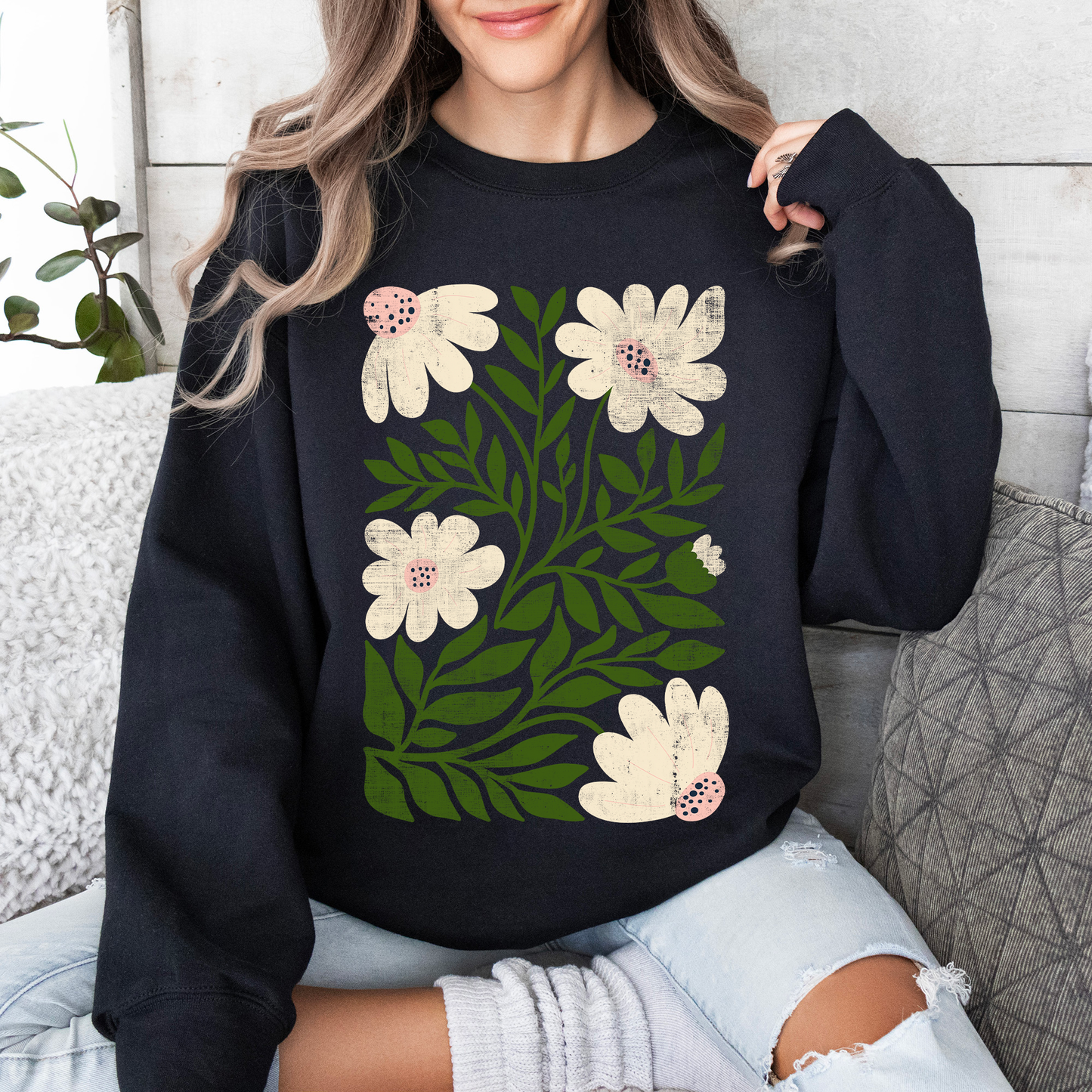 White Wildflower Botanical, Vintage Boho, Nature Sweatshirt