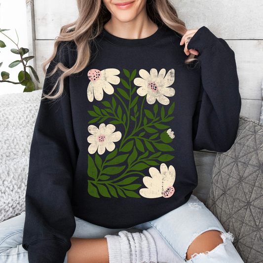 White Wildflower Botanical, Vintage Boho, Nature Sweatshirt