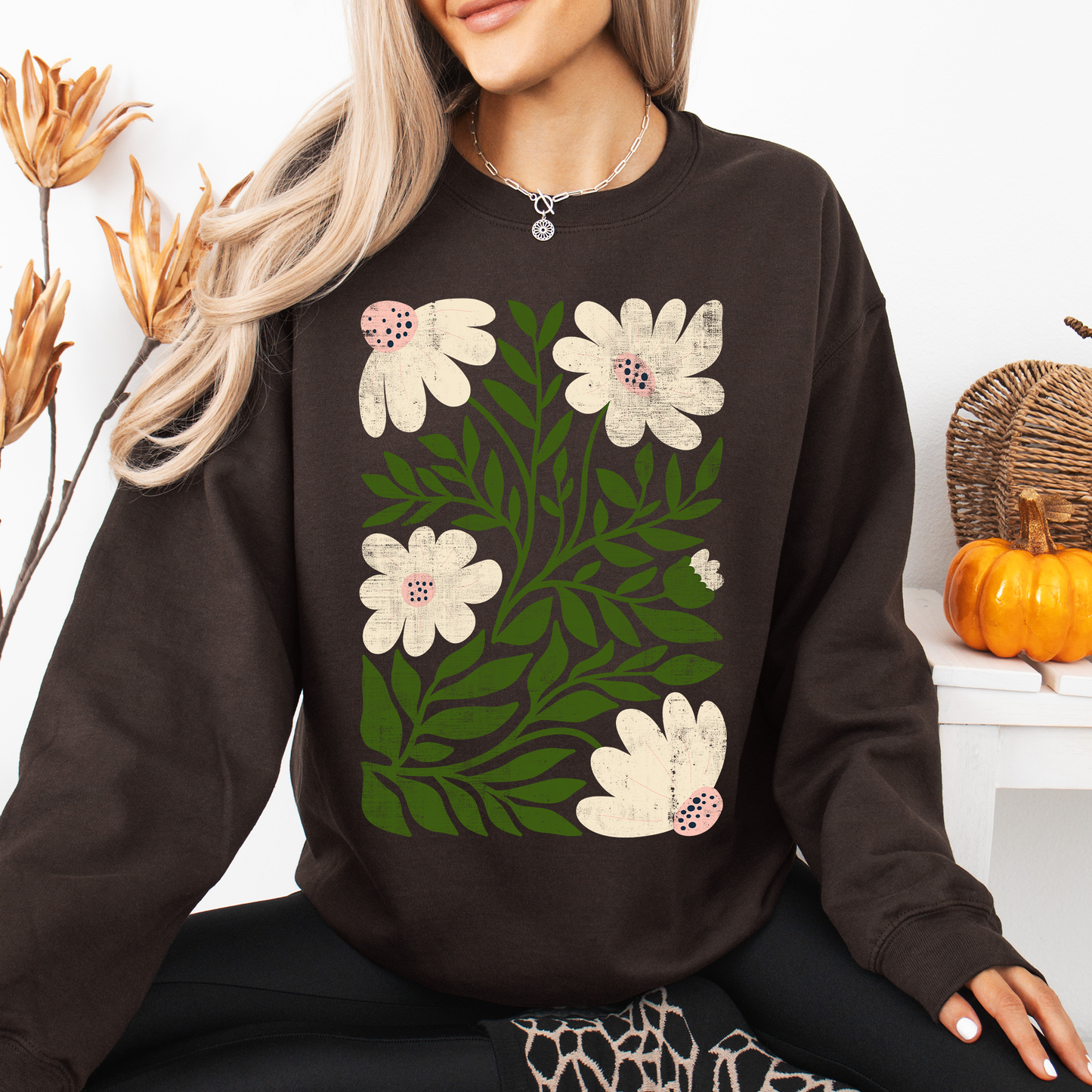White Wildflower Botanical, Vintage Boho, Nature Sweatshirt